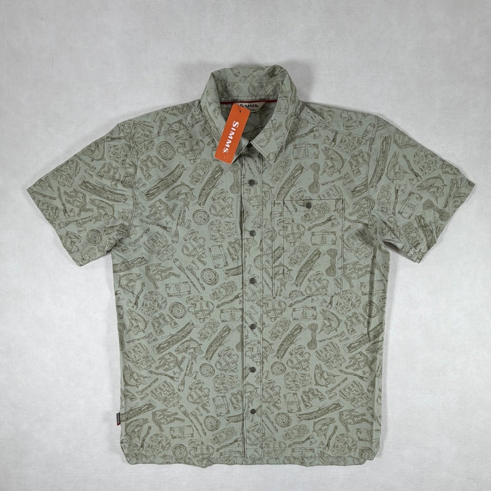 NWT‎ Simms Tailout SS Shirt Mens Medium Camp Loden Fishing Print Snap Front